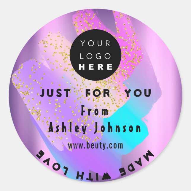 Pegatina Redonda Gracias Holograph Made Gold Blue Strokes Purple (Anverso)