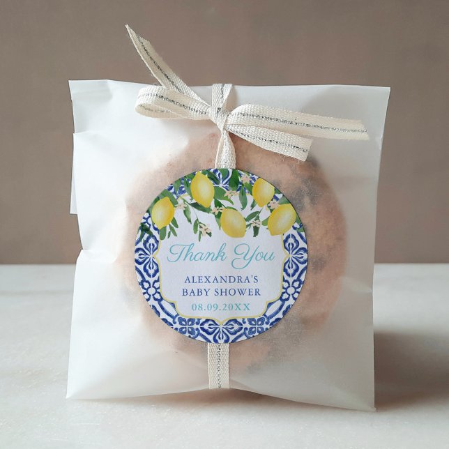 Pegatina Redonda Gracias, Lemons Verde azulada Positano Bridal Show (Italian lemons shower favor sticker design with teal text against a blue and white tile background)