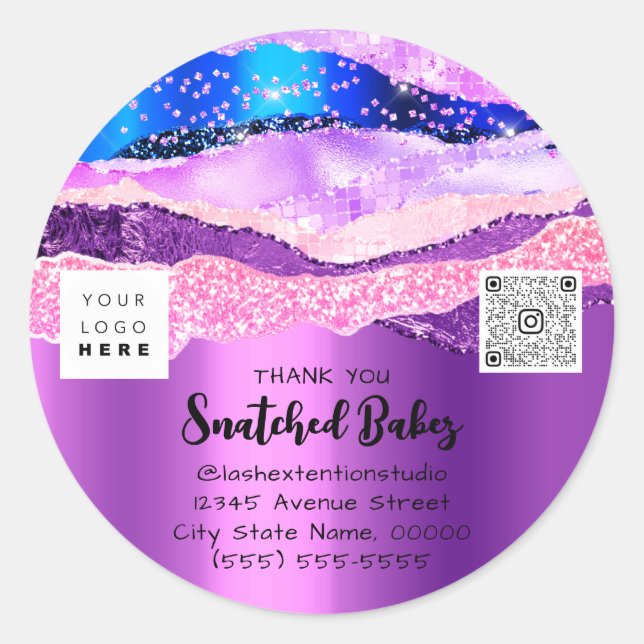 Pegatina Redonda Gracias Logotipo Código QR Comprar Púrpura (Anverso)