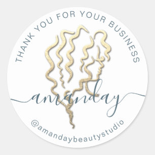 Pegatina Redonda Gracias Logotipo Gold Nombre Belleza Cabello Blanc