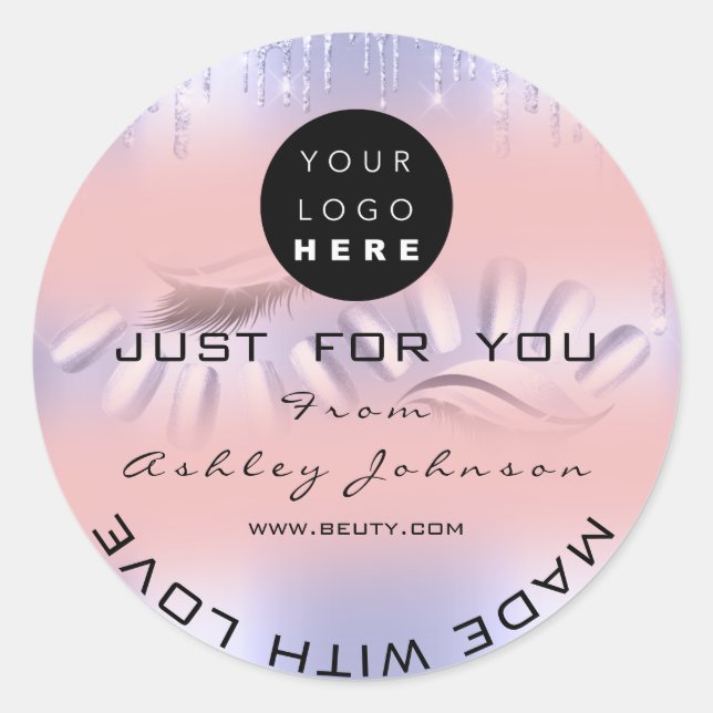 Pegatina Redonda Gracias Logotipo Nails Lashes Rosa Ombre Purple (Anverso)