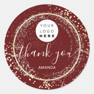 Pegatina Redonda Gracias Logotipo Purpurina Dorado Marco Borgoña