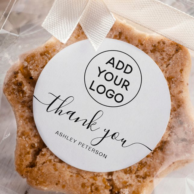 Pegatina Redonda Gracias logotipo tipográfico blanco negro simple (Thank you typography logo simple black white classic round sticker)