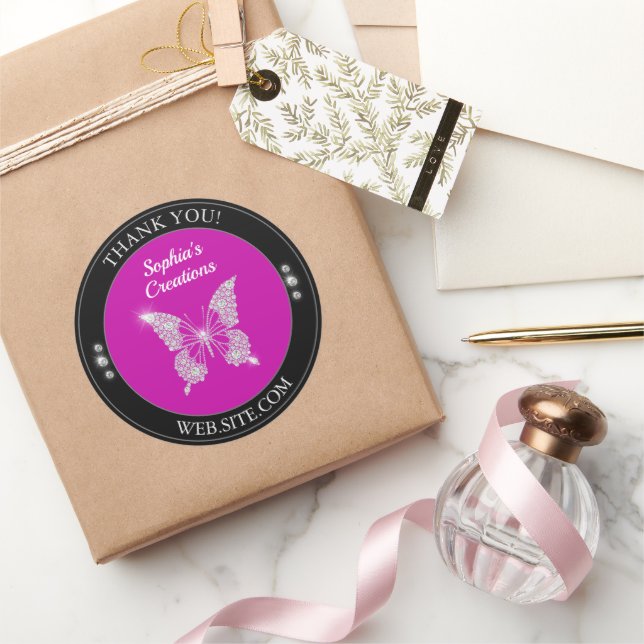 Pegatina Redonda Gracias, mariposa de diamantes, negro y fucsia (Regalar)