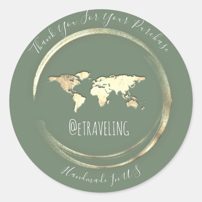 Pegatina Redonda Gracias Mint Gold World Map Travelling Globe (Anverso)