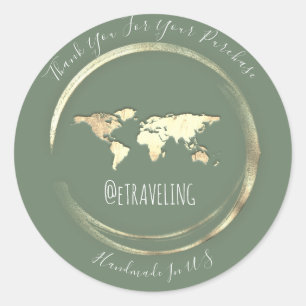 Pegatina Redonda Gracias Mint Gold World Map Travelling Globe