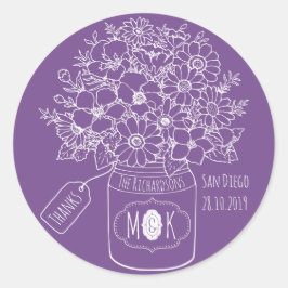 Pegatina Redonda Gracias Monogram Wildflowers Bouquet Mason Jar