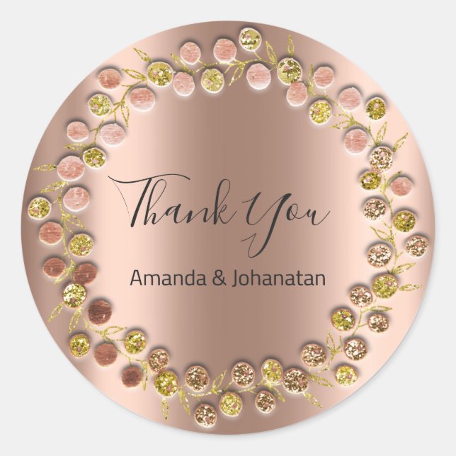 Pegatina Redonda Gracias Monograma Dorado Fecha de Rosa (Anverso)