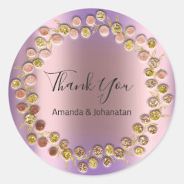 Pegatina Redonda Gracias Monograma Oro Nombre Rosa Púrpura