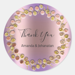 Pegatina Redonda Gracias Monograma Oro Nombre Rosa Púrpura