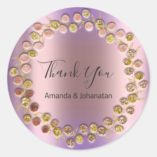 Pegatina Redonda Gracias Monograma Oro Nombre Rosa Púrpura (Anverso)