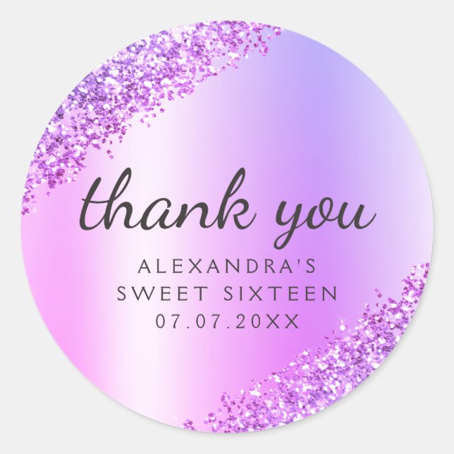 Pegatina Redonda Gracias Morple Ombre Purpurina Girly Sweet 16 (Anverso)