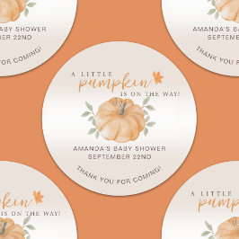 Pegatina Redonda Gracias Naranja Little Pumpkin Fall Baby Shower