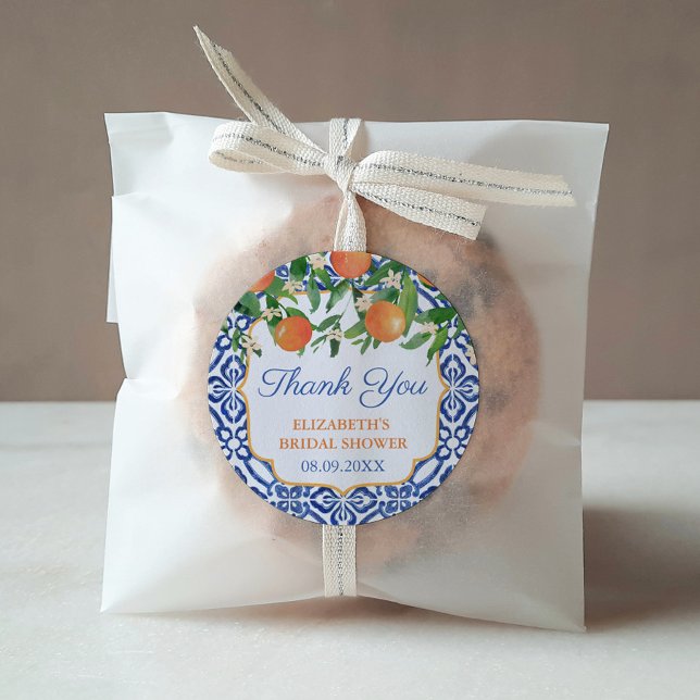 Pegatina Redonda Gracias Naranjas Positano Boda Favor De La Ducha (This Bridal shower favor sticker features oranges against a blue and white vintage tile background. )