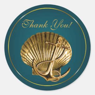 Pegatina Redonda Gracias náutico a las conchas marinas   turquesa