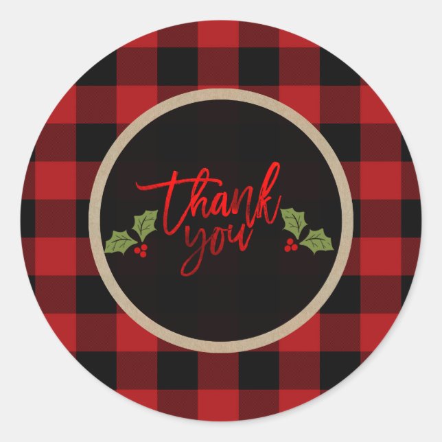 Pegatina Redonda Gracias Navidades Holiday Red Buffalo Plaid (Anverso)
