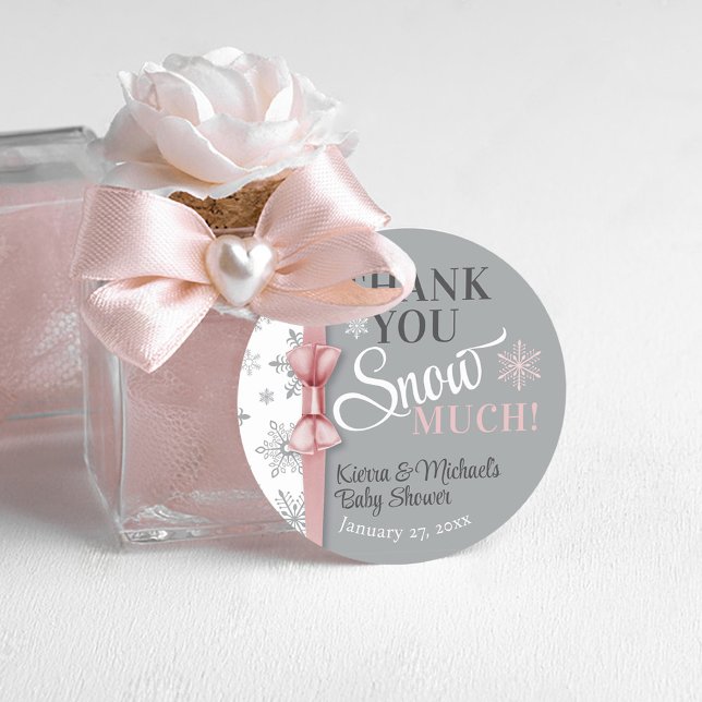Pegatina Redonda Gracias NIEVE Bebé Niña Rosa Ducha De Snake (Thank you snow much baby girl pink & gray cute snowflake brunch shower round favor gift sticker tag)