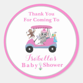 Pegatina Redonda Gracias, niña, elefante de golf y mono