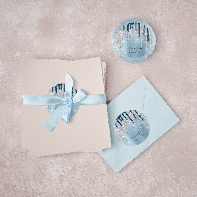 Pegatina Redonda Gracias Nombrar 16ª Marina Purpurina Bridal Silver (Thank You Name 16th Bridal Silver Glitter Navy Classic Round Sticker)