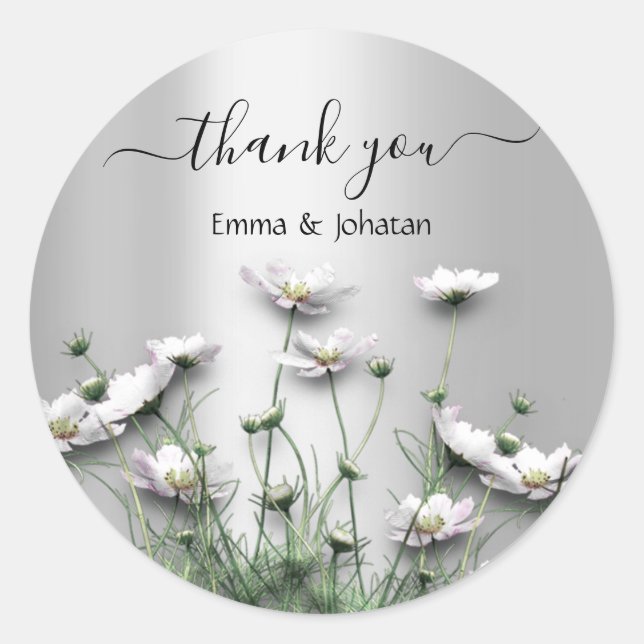 Pegatina Redonda Gracias Nombre 16ª Bridal Meadow Wildflower Gray (Anverso)