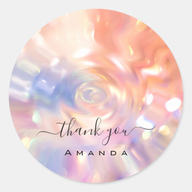 Pegatina Redonda Gracias Nombre 16ª Novia Holográfica Rosa (Anverso)