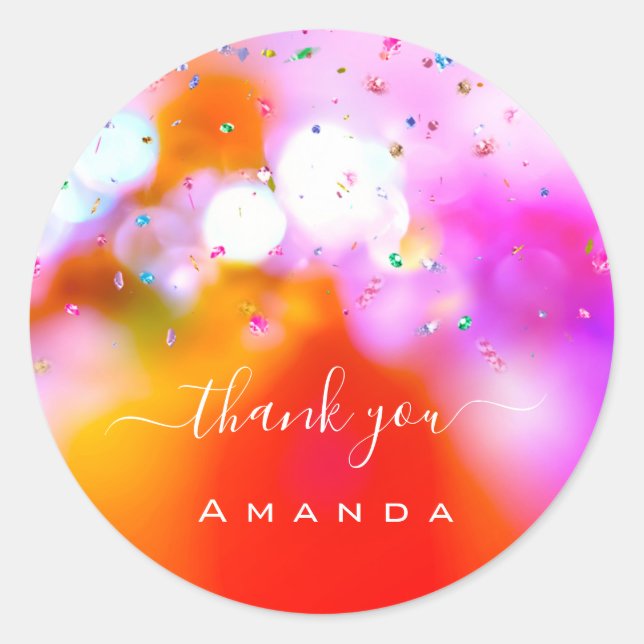 Pegatina Redonda Gracias Nombre 16ª Novia Unicornio Cristales Rosa (Anverso)