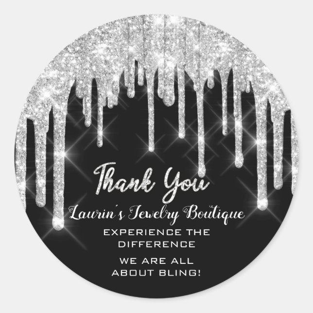 Pegatina Redonda Gracias Nombre 16ª Purpurina de golondrinas Plata (Anverso)