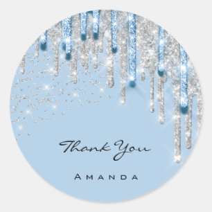 Pegatina Redonda Gracias Nombre 16ª Purpurina de plata nupcial azul