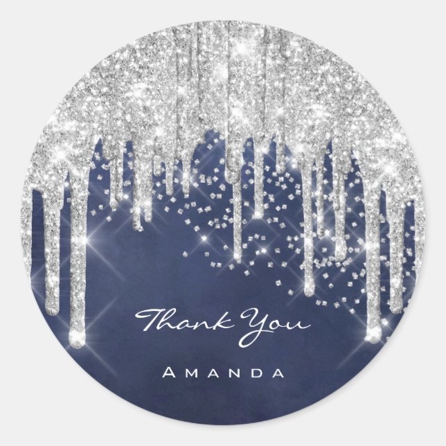 Pegatina Redonda Gracias Nombre 16ª Purpurina Gris Naranja Azul Con (Anverso)