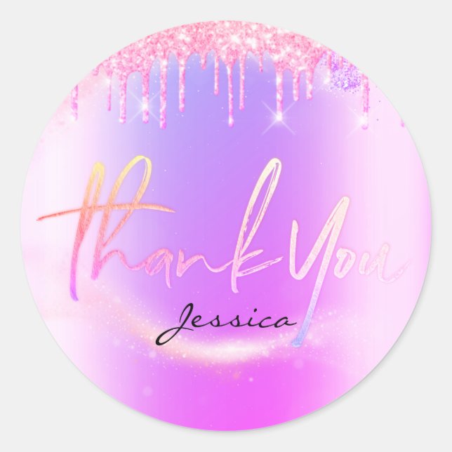 Pegatina Redonda Gracias Nombre 16ª Purpurina Púrpura Bridal Pink (Anverso)