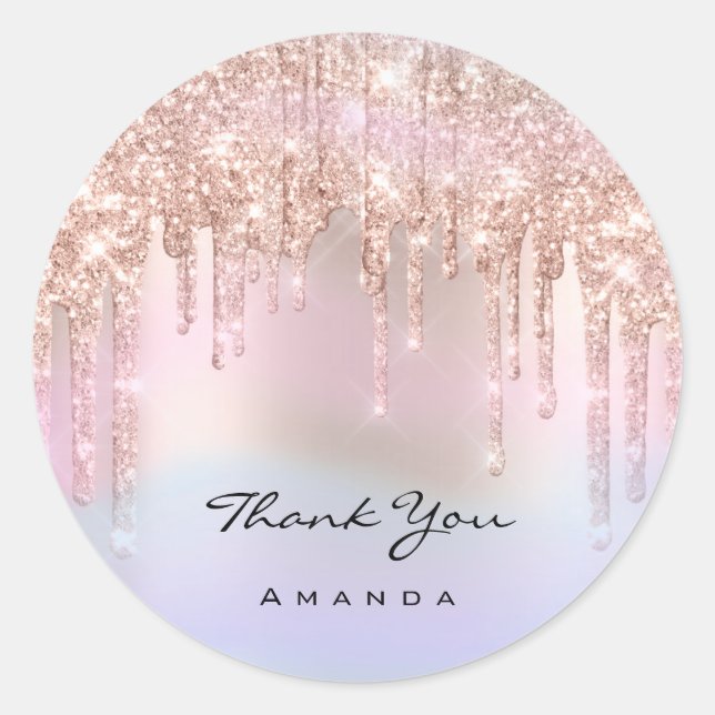 Pegatina Redonda Gracias Nombre 16ª Rosa nupcial Purpurina Holograf (Anverso)