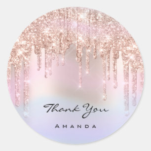 Pegatina Redonda Gracias Nombre 16ª Rosa nupcial Purpurina Holograf