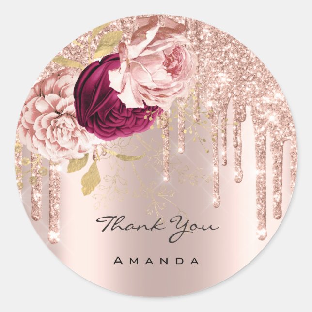Pegatina Redonda Gracias Nombre 16ª Rosa nupcial Purpurinas Flores (Anverso)