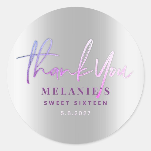 Pegatina Redonda Gracias Nombre 16º Bridal Púrpura Plata (Anverso)