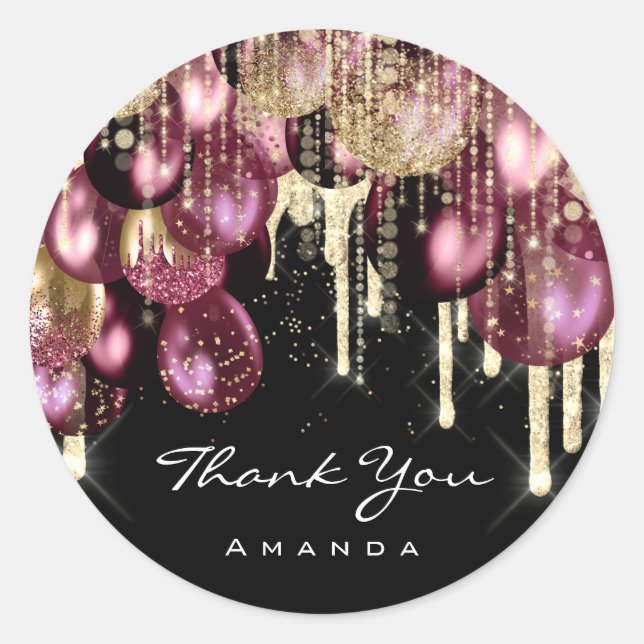 Pegatina Redonda Gracias Nombre 16º Globo de Boda de Oro Marsala (Anverso)