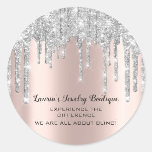 Pegatina Redonda Gracias Nombre 16º Rosa de novia Purpurina Silver 