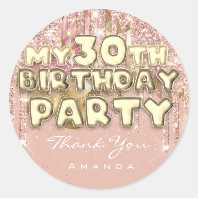 Pegatina Redonda Gracias Nombre 30th Birthday PartyGlitter Ballon G (Anverso)