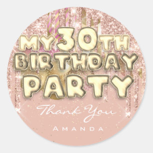 Pegatina Redonda Gracias Nombre 30th Birthday PartyGlitter Ballon G