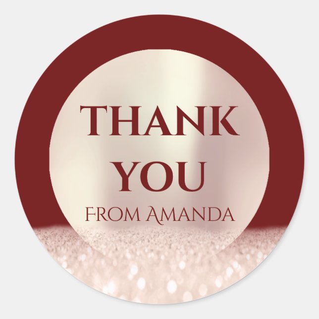 Pegatina Redonda Gracias Nombre ClassyRose Rubor Burgundy Purpurina (Anverso)