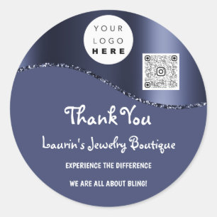 Pegatina Redonda Gracias Nombre comercial Logo Qr Code Blue Navy