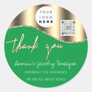 Pegatina Redonda Gracias Nombre comercial Logo Qr Code Gold Green