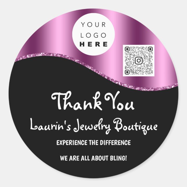 Pegatina Redonda Gracias Nombre comercial Logotipo Qr Código Purple (Anverso)