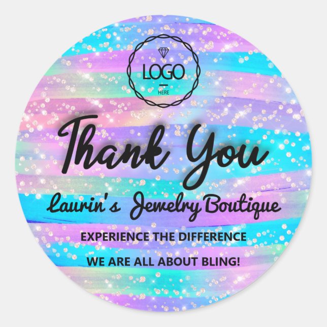 Pegatina Redonda Gracias Nombre De Script Web Strokes Mermaid Azul (Anverso)