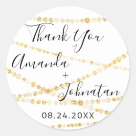 Pegatina Redonda Gracias Nombre Fecha Luz Blanca Oro Blanco