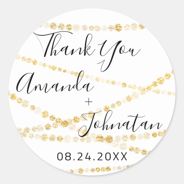 Pegatina Redonda Gracias Nombre Fecha Luz Blanca Oro Blanco (Anverso)