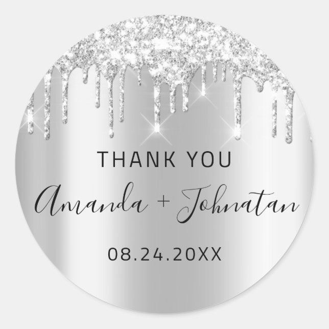 Pegatina Redonda Gracias Nombre Fecha Negro Plateado Gris Goteo (Anverso)