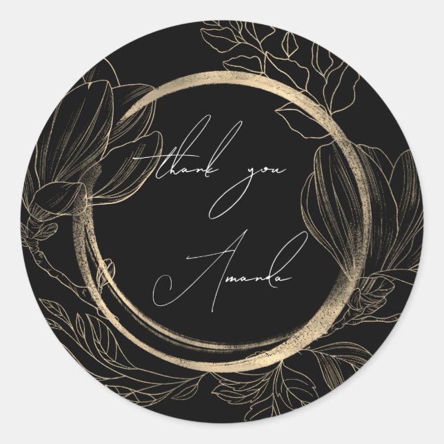 Pegatina Redonda Gracias Nombre Floral Blanco Negro Dorado (Anverso)