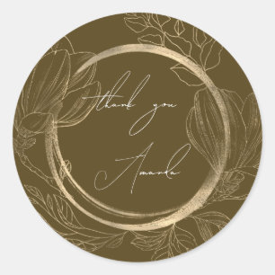 Pegatina Redonda Gracias Nombre Floral Marrón Bodas Novia 