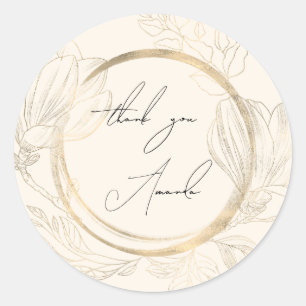 Pegatina Redonda Gracias Nombre Floral Novia Dorado Shabby Chic