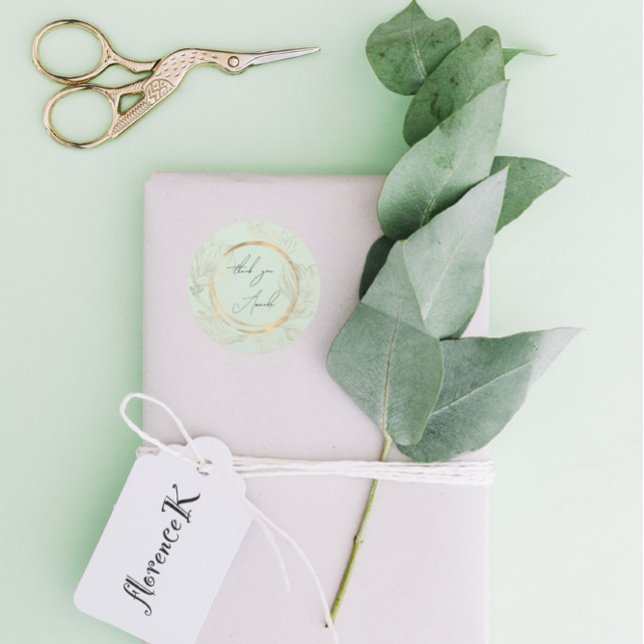 Pegatina Redonda Gracias Nombre Floral Verde Dorado Boda Novia (ThankYou Name Floral Green Gold Wedding Bridal Classic Round Sticker)